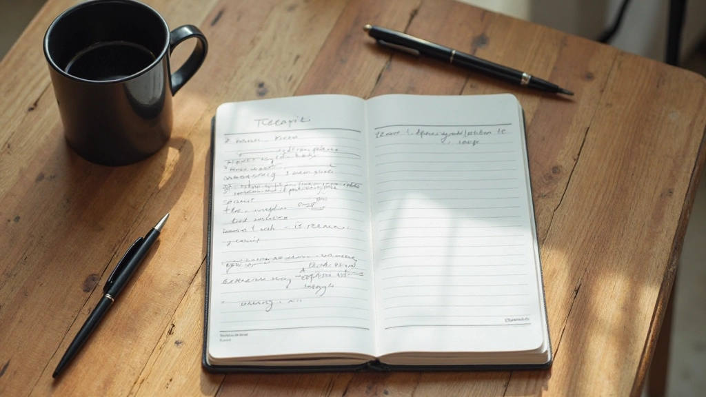 Open notitieboek op houten bureau met pen en kopje koffie, daglicht van linkerkant, bovenaanzicht