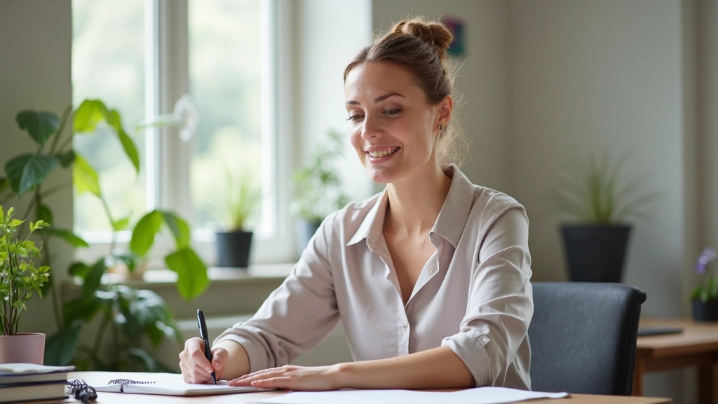 Jonge vrouw van ongeveer 28 jaar, professioneel gekleed in lichte blouse, zit aan bureau en maakt aantekeningen in notitieboek, natuurlijk daglicht van venster, vriendelijke uitdrukking, bovenlichaam in beeld