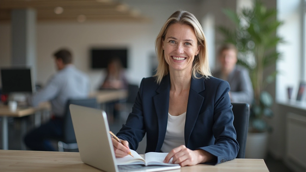 Vrouw van ongeveer 32 jaar, professioneel gekleed in marineblauw blazer, zit aan bureau met laptop en notitieblok, glimlacht naar camera, natuurlijk kantoor licht, bovenaanzicht gedeeltelijk, inspirerend moment