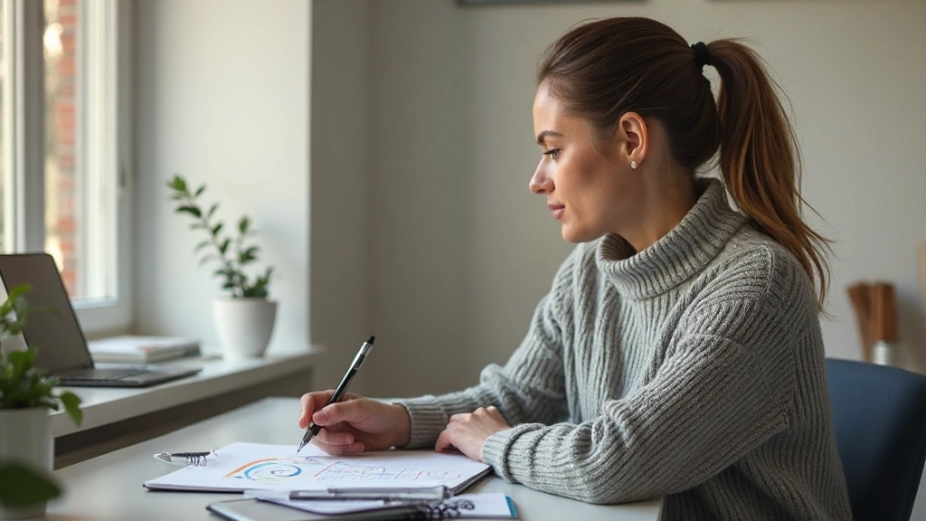 Persoon kijkt peinzend naar planningstabel met gestelde doelen en vervolgstappen, zittend aan bureau met notities